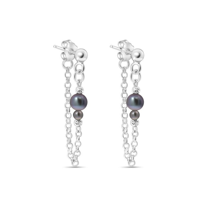 Silver Earrings with Falling Chain and Black Pearl Beads