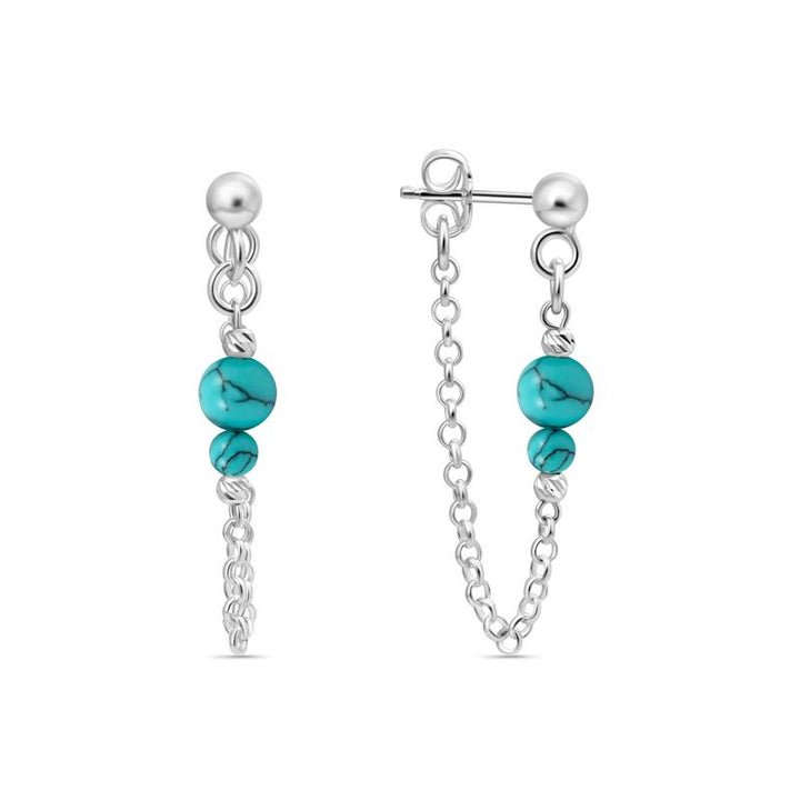 Silver Earrings with Falling Chain and Turquoise Beads