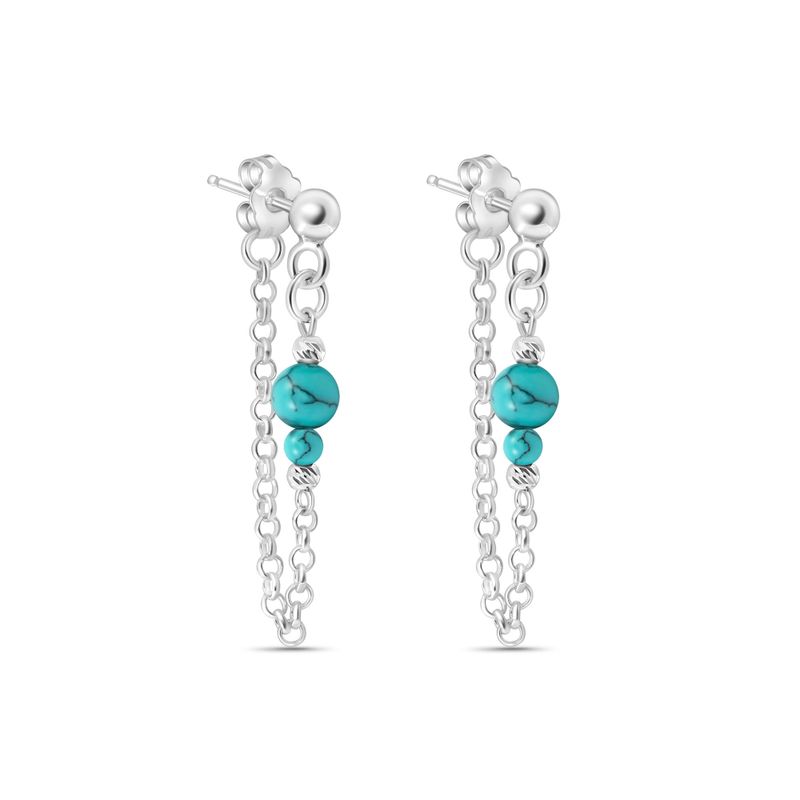 Silver Earrings with Falling Chain and Turquoise Beads