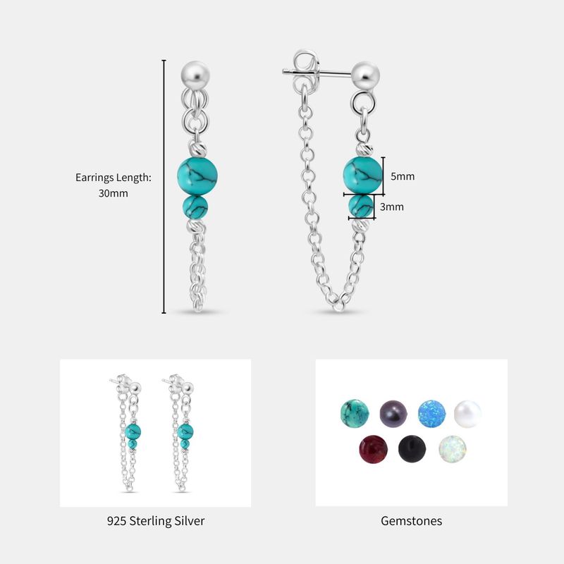 Silver Earrings with Falling Chain and Turquoise Beads