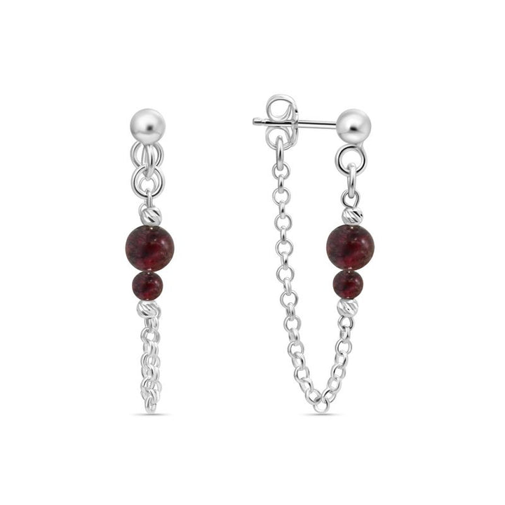 Beaded Earrings with Dangling Chain Connected to a Garnet Butterfly