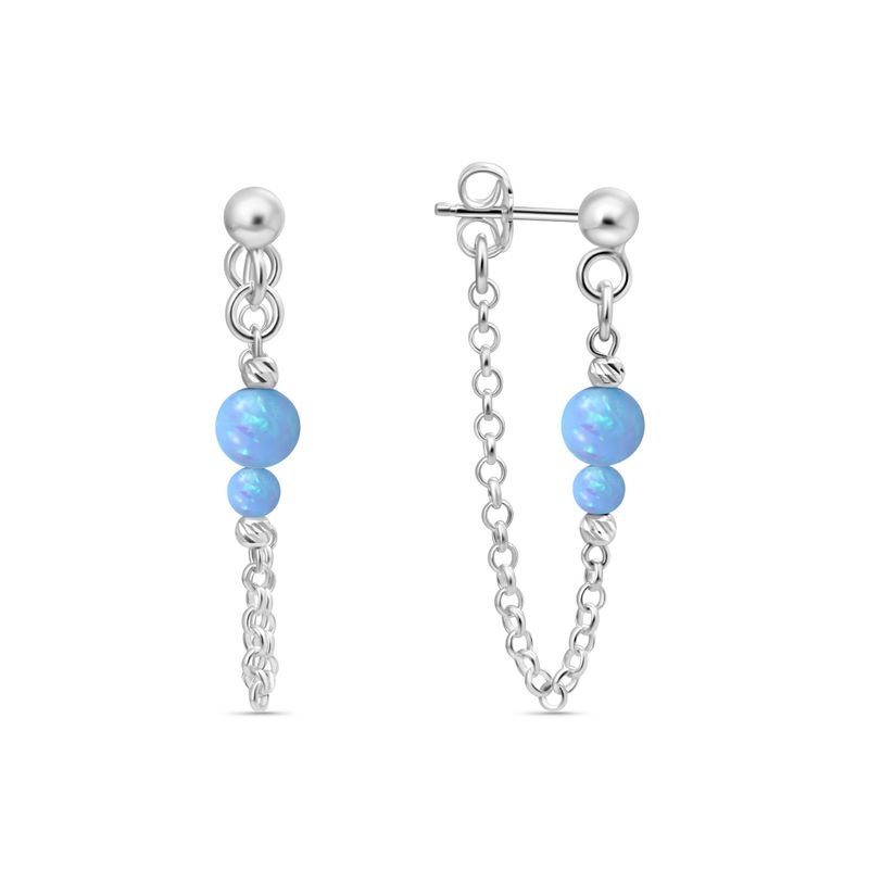 Silver Earrings with Falling Chain and Blue Opal Beads