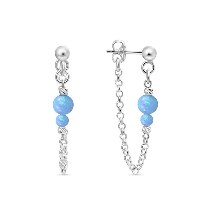 Silver Earrings with Falling Chain and Blue Opal Beads