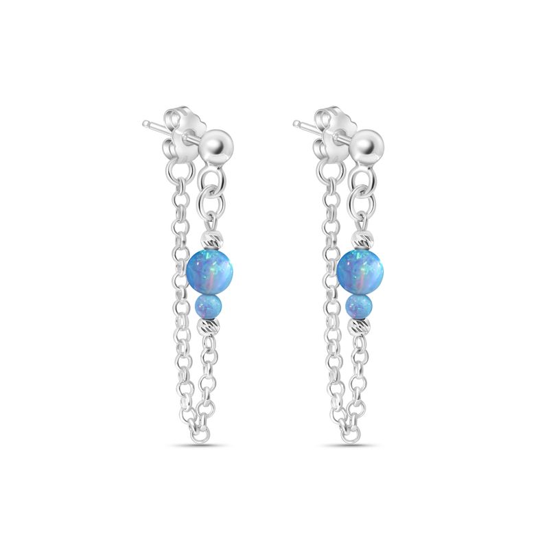 Silver Earrings with Falling Chain and Blue Opal Beads