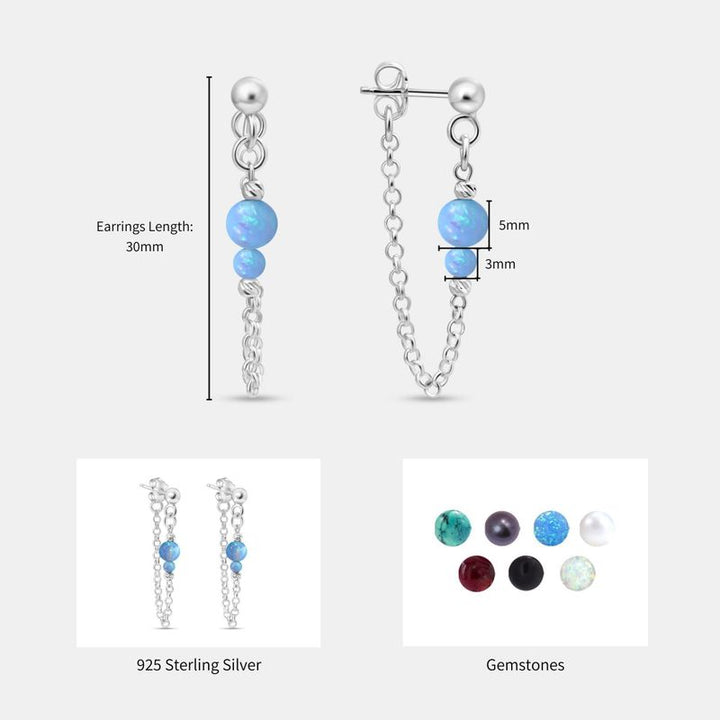 Silver Earrings with Falling Chain and Blue Opal Beads