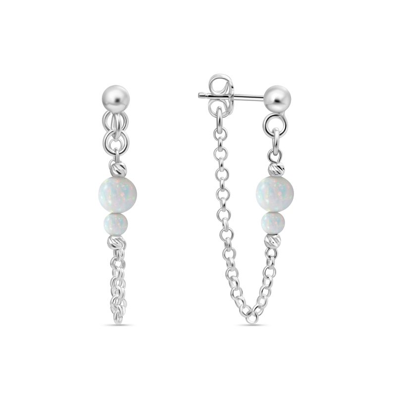 Silver Earrings with Falling Chain and White Opal Beads