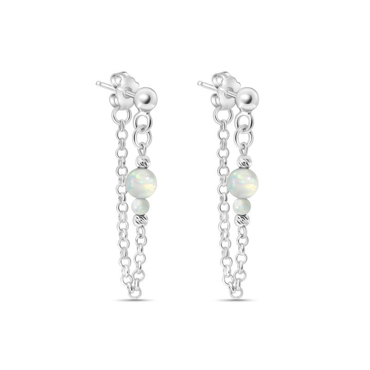 Silver Earrings with Falling Chain and White Opal Beads