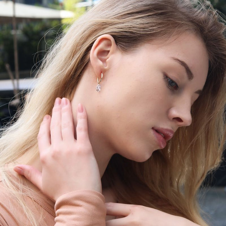 14k Gold Hoop Earrings with Teardrop Zirconia