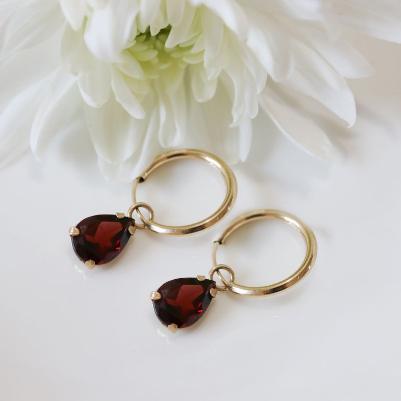 14k Gold Hoop Earrings with Garnet Teardrop Stones