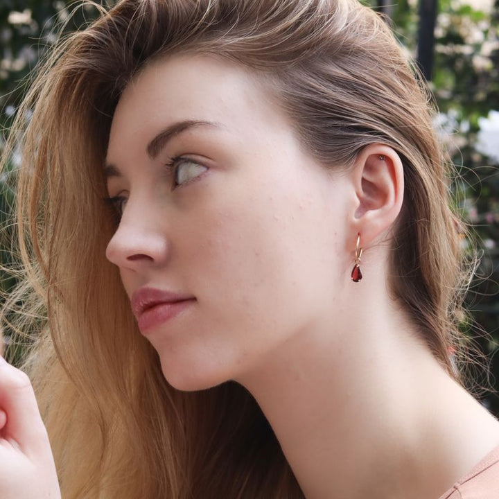 14k Gold Hoop Earrings with Garnet Teardrop Stones