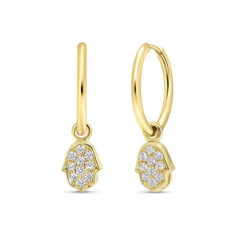 14K Yellow Gold Hoop Earrings with Hamsa Charm