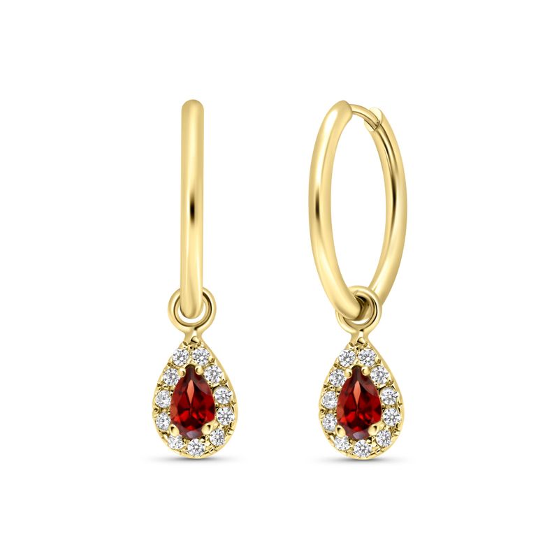 14k Gold Hoop Earrings with Halo Charms and Garnet Teardrop