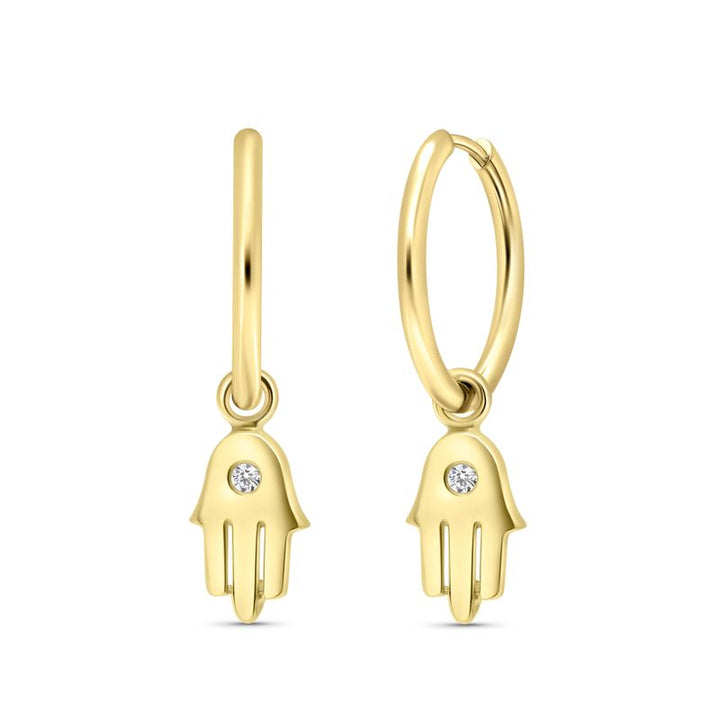 14K Yellow Gold Hoop Earrings with Hamsa Charm